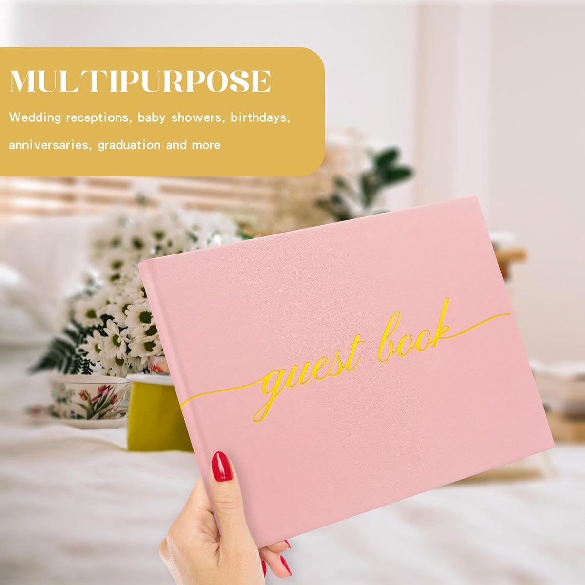 Elegant Wedding Guest Book - Perfect for Wedding Receptions, Baby Showers, Birthdays and Special Events - Polaroid Guest Book with 110 Lined Pages for Sign-in and Photos -Hardcover (Pink)