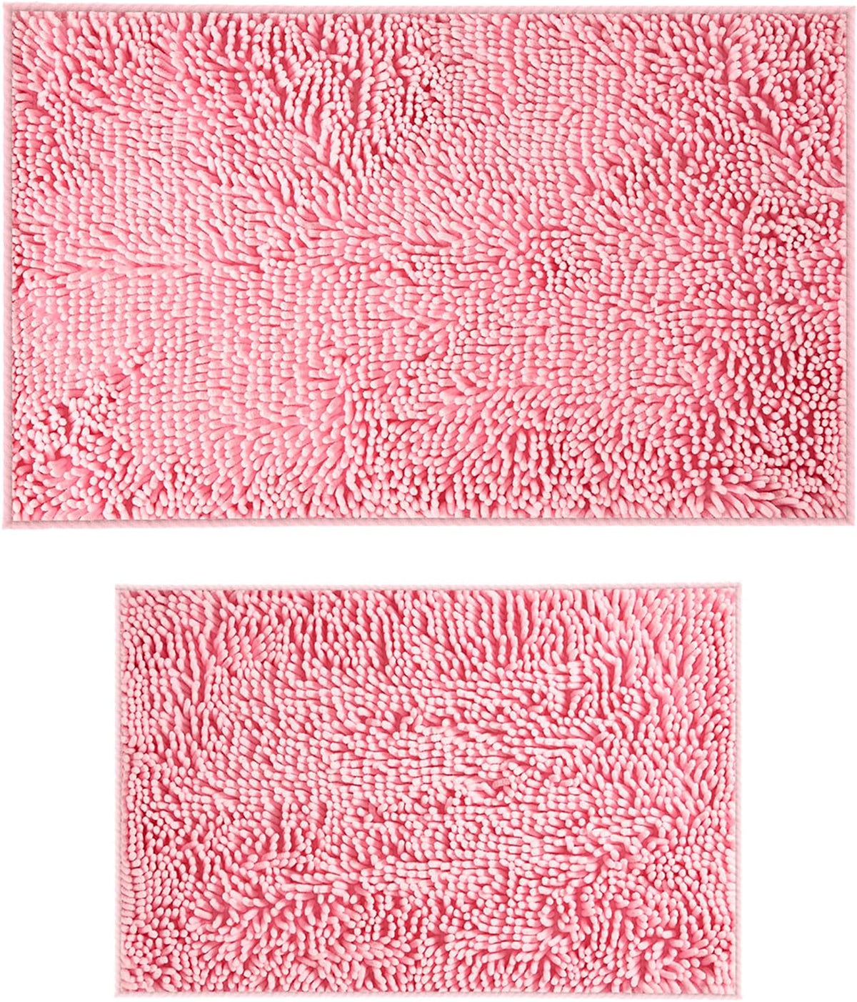 Pink Chenille Bathroom Rugs Set 2 Piece - Non Slip Absorbent Bath Mat for Shower, Quick Dry Machine Washable Floor Mats, Soft Plush, 17"x24"+20"x32" Inch