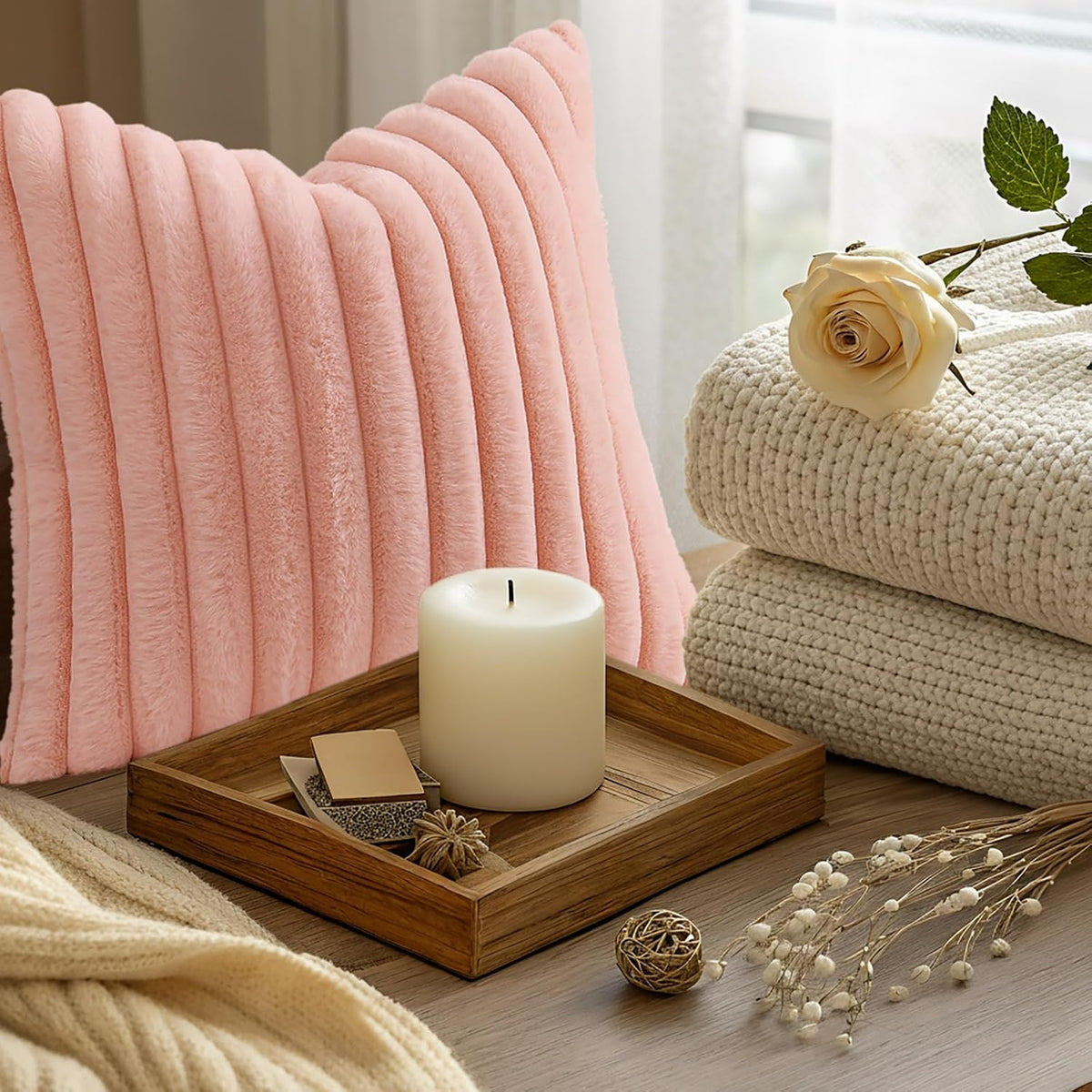 Fall Faux Fur Throw Pillow Covers 18x18 Set of 2 Blush Pink