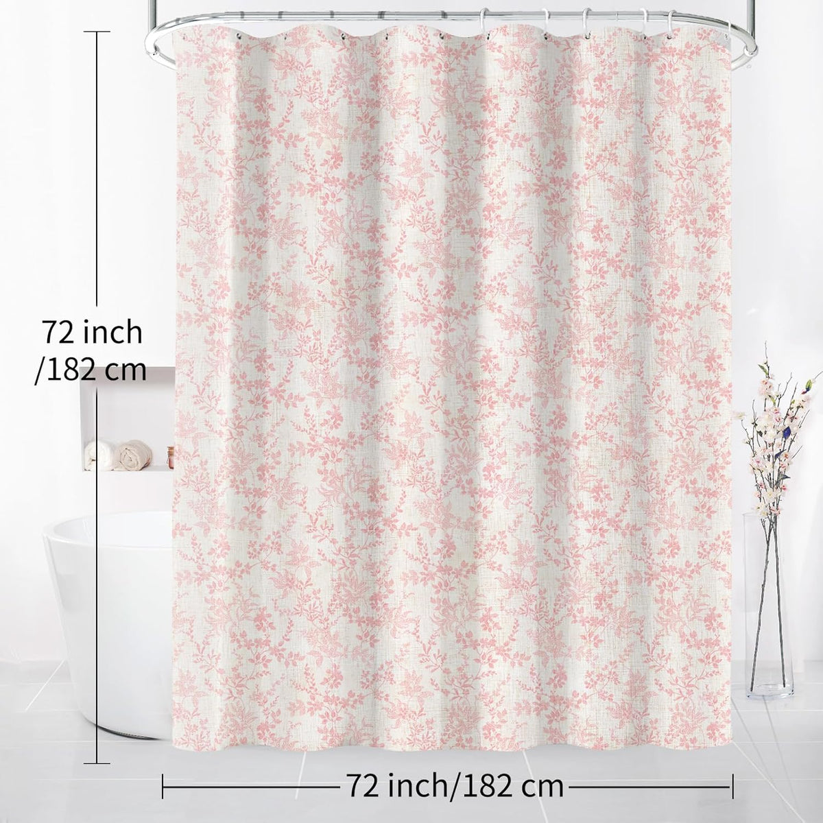 Pink Cotton Waterproof Shower Curtain, Farmhouse Elegance Floral Shower Curtains for Bathroom Decor, Chic Fabric Cloth Flower Leaves Shower Curtain 72" W x 72" L