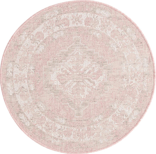 Outdoor Traditional Collection Area Rug - Valeria (3' 3" Round, Pink/ Ivory)