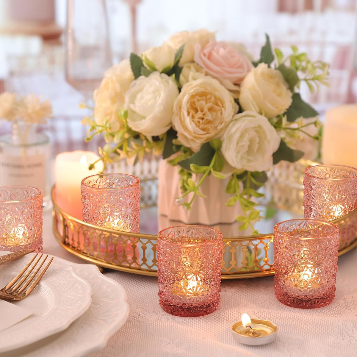 12 Pcs Pink Votive Candle Holders 2.2ʺ*2.6ʺ Tealight Candle Holders