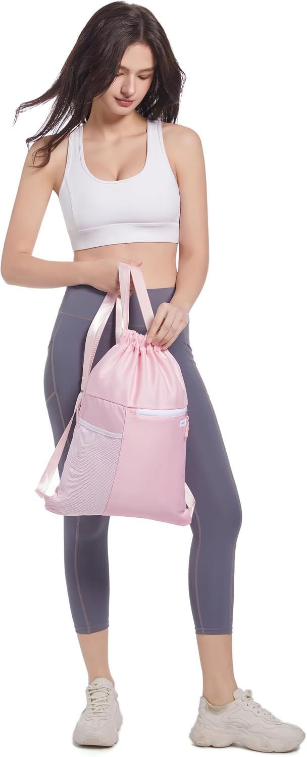 Drawstring Backpack with Mesh Pocket, Sports Gym Sackpack for Women
