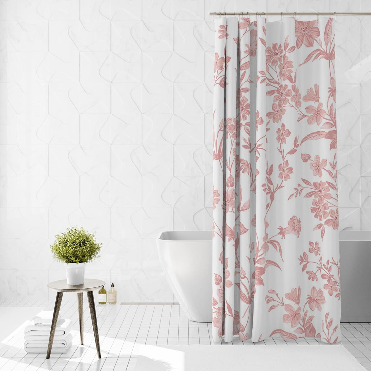 Floral Shower Curtain with 12 Hooks, Pink Flowers Shower Curtain for Spring Floral Bathroom Decor, Waterproof Fabric Pink Curtain for Bath Bedroom Dorm, 72 X 72 Inch