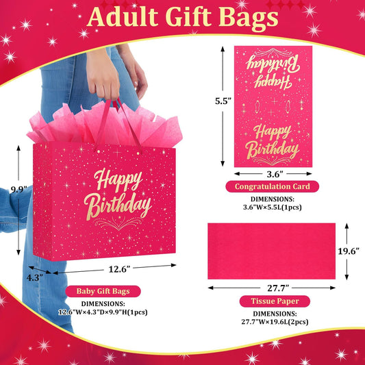13" Pink Happy Birthday Gift Bag with Greeting Card and Tissue Papers, Happy Birthday Bag for Women Girls Party, Gift Bags Medium size(1 PCS Pink Hot Stamping)