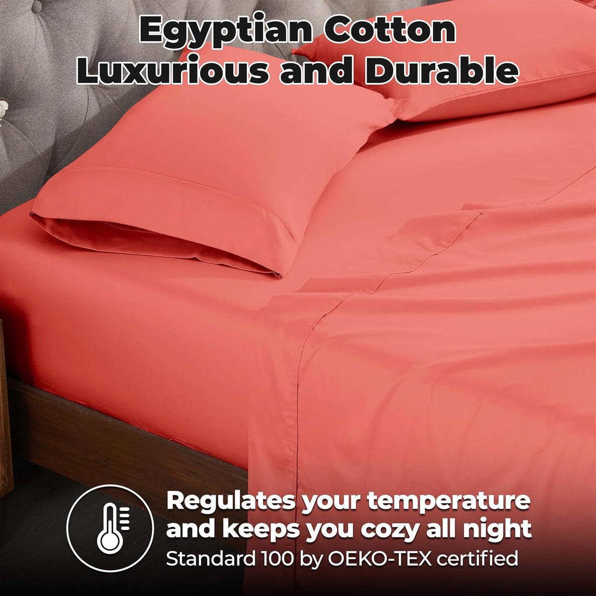 Egyptian Cotton 300 Thread Count Pillowcases, Pillow Cases, Modern, Solid Classic Pillow Case Cover, Ultra-Soft Comfort Basics, Bedding Essentials, Bed Accents, Set of 2, Standard, Coral