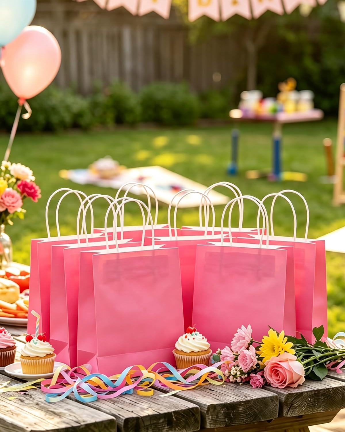 24PCS Mini Gift Bag with Handles Bulk 4.5"x2.5"x6" Gift Bags Pink Bags Multiple Uses