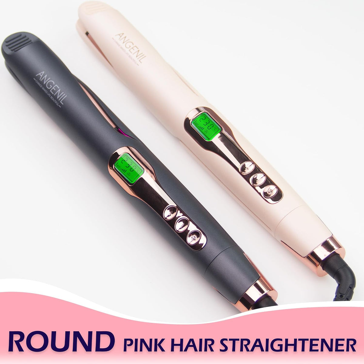 Pro Twist Flat Iron Hair Straightener, 2 in 1 Straightener and Curling Iron for Women, Round Pink Dual Voltage Hair Straightener with Silicone Heat Resistant Mat, 30s Fast Heating, LCD Display