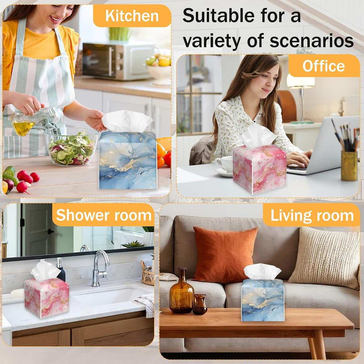 Blue Pink Gold Liquid Marble 2 Pcs Tissue Box Holder Square Tissue Box Cover Facial Cube Napkin Organizer Dispenser for Bedroom Office Bathroom Decor
