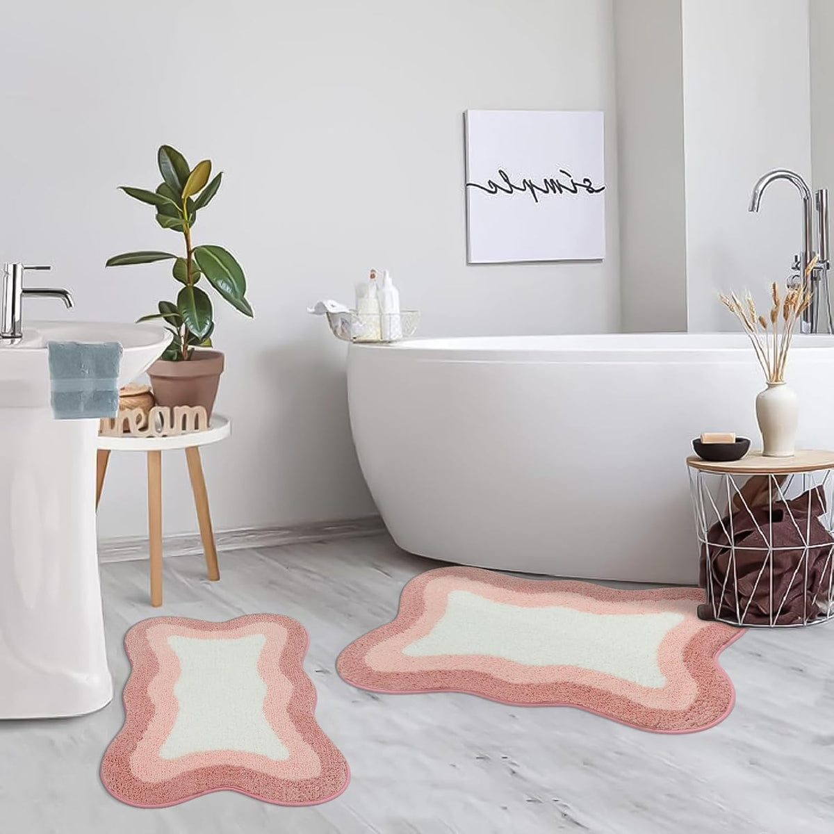 Pink Bathroom Rugs Non Slip 20X31 inch, Ultra Soft Absorbent Irregular Shape Bath Rug, Microfiber Washable Non-Slip Bathmat Boho Decor for Bedroom Bathroom Floor Tub Shower