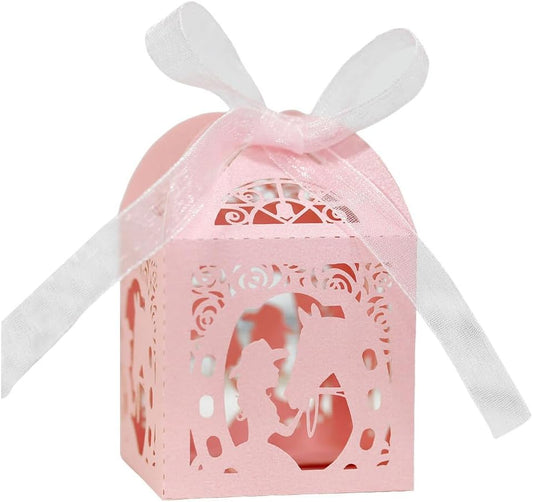 Katutude 50 Pcs Empty Candy Boxes Small Favor Boxes with Ribbons Hollow Flowers Birthday Party Favor Gift Box Paper Baptism Party Favor Box Chocolate Candy Gift Boxes