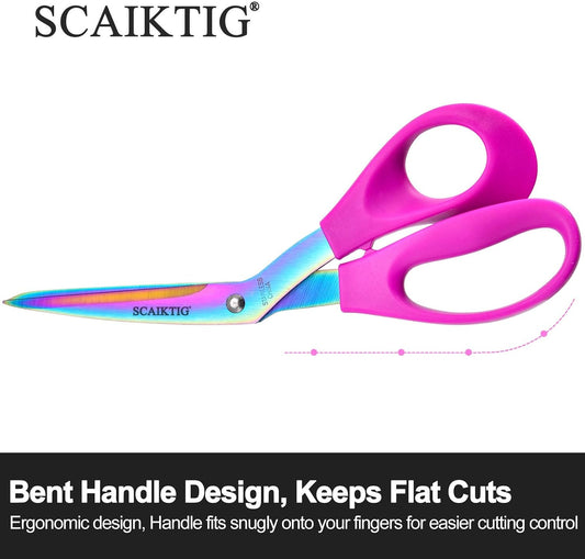 8.5“ Bent Fabric Scissors All Purpose Sharp Heavy Duty, Bent Shears for Sewing Crafting Cutting Clothes, Felt, Leather, Paper Supplies, Pink Handle, Titanium Coating Blades, 2-Pack