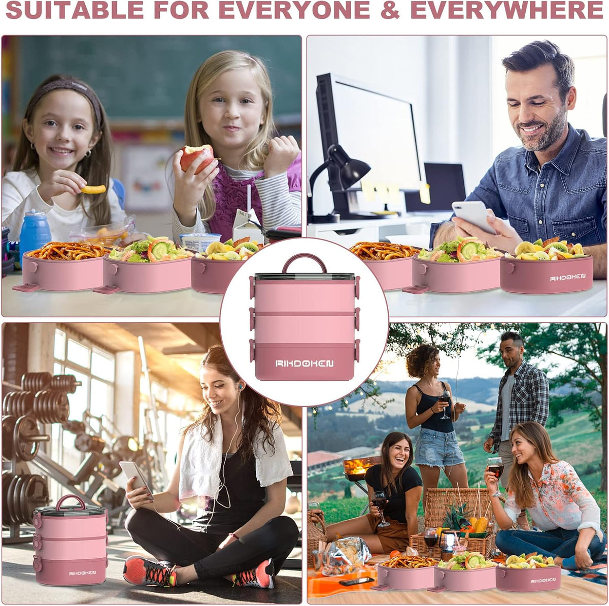 Lunch Box, Stackable 3 Layers Containers, Portable 94OZ Large Capacity Leakproof Bento Box with Spoon & Fork & Sauce Boxes, Microwave Safe Lunch Box for Kids and Adults