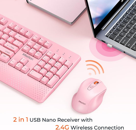 Wireless Keyboard and Mouse Combo, Full-Size with Wrist Rest, Pink