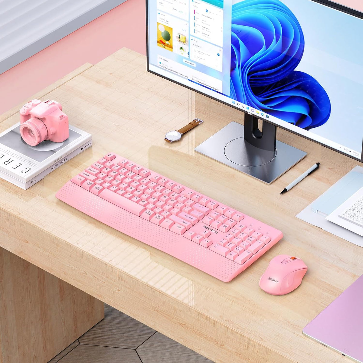 Wireless Keyboard and Mouse Combo, Full-Size with Wrist Rest, Pink