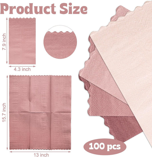 Zhanmai 100 Pack Cocktail Napkins 4.3 x 7.9 Inch Scalloped Napkins Beverage Gradient Color Paper with Scalloped Edges Thick Disposable Luncheon for Party Supplies (Dusty Pink)