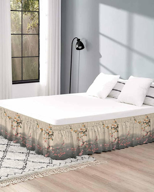 Chinese Ink Painting Bed Skirt Queen Size 16 Inch Drop, Adjustable Elastic Wrap Around Bed Skirts Easy Fitting Dust Ruffle Bedskirt Bed Frame Cover Pink Peach Blossom Branches