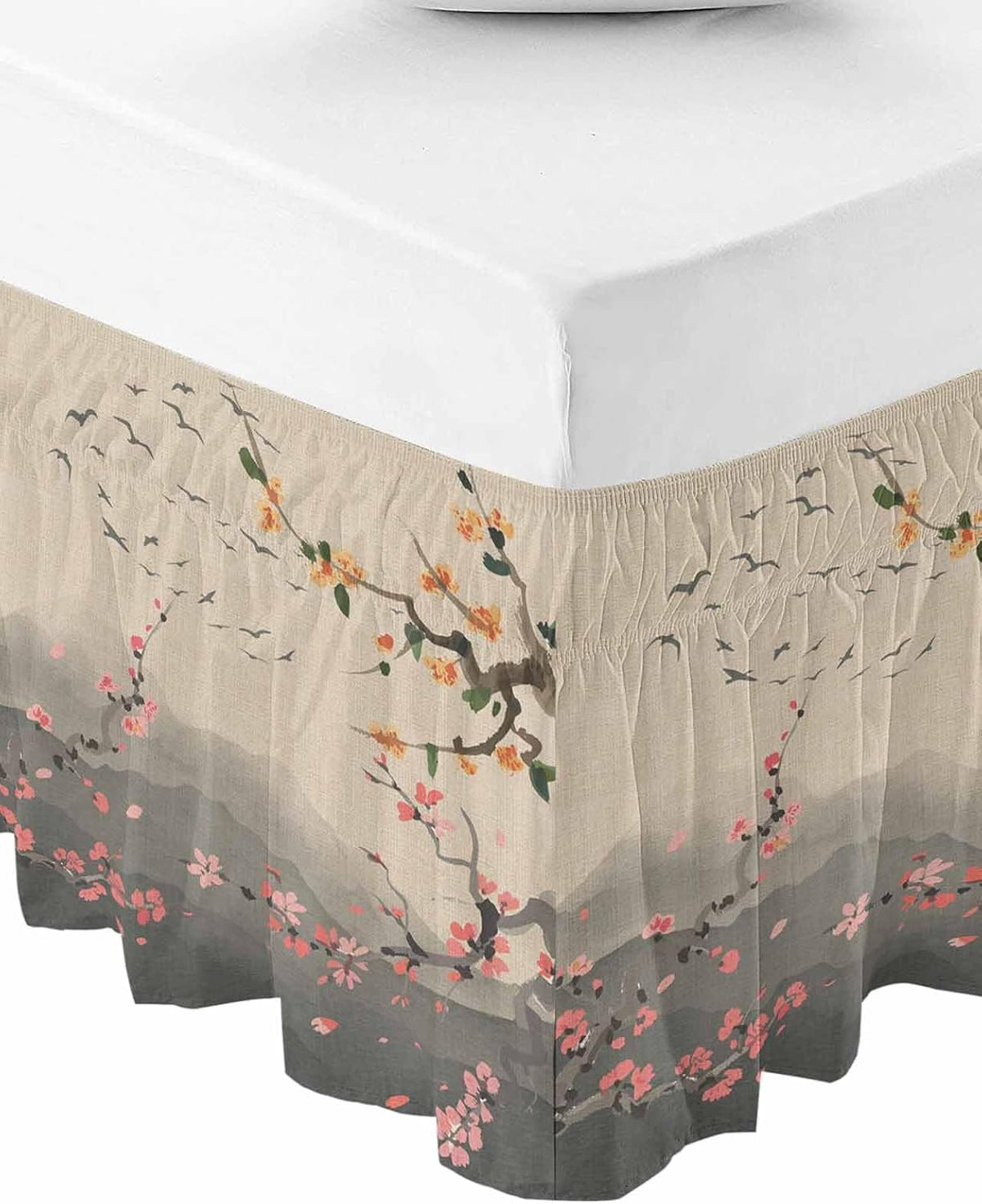 Chinese Ink Painting Bed Skirt Queen Size 16 Inch Drop, Adjustable Elastic Wrap Around Bed Skirts Easy Fitting Dust Ruffle Bedskirt Bed Frame Cover Pink Peach Blossom Branches