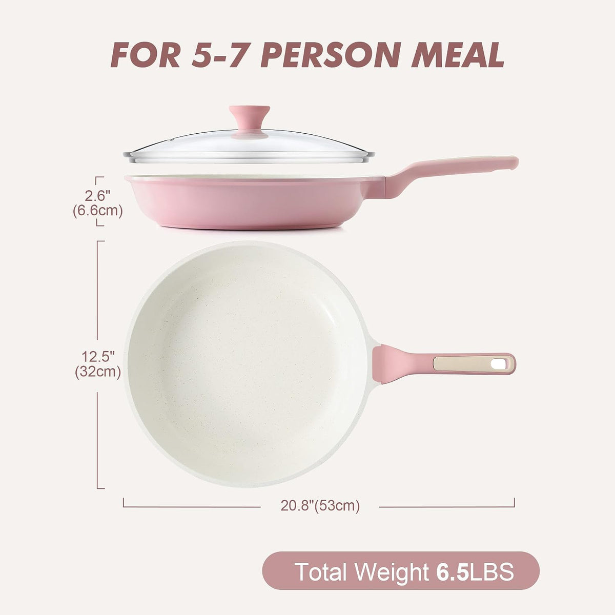 12.5In Nonstick Ceramic Frying Pan with Lid, PFAS/PTFE Free, Pink