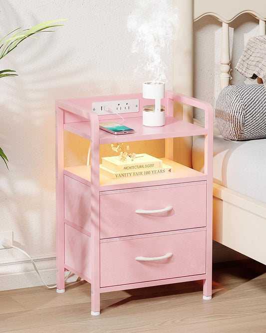 Night Stand Bedside Charger Bedroom - Nightstand with Charging Station & LED Light Strip, Night Stand with Storage Shelf & 2 Fabric Drawers, Morden End Table with USB Ports&AC Outlets,Pink