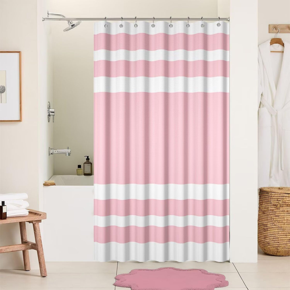 White Pink Waffle Stall RV Bathroom Shower Curtain 48"x72"