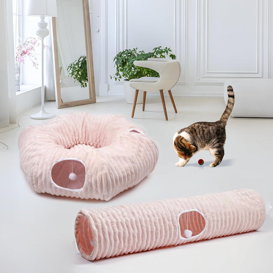 Luxurious Cat Tunnel,43" Straight Cat Tunnel Toys with Balls for Indoor,Collapsible Peekaboo Cave for Kitten(Pink Stripe)