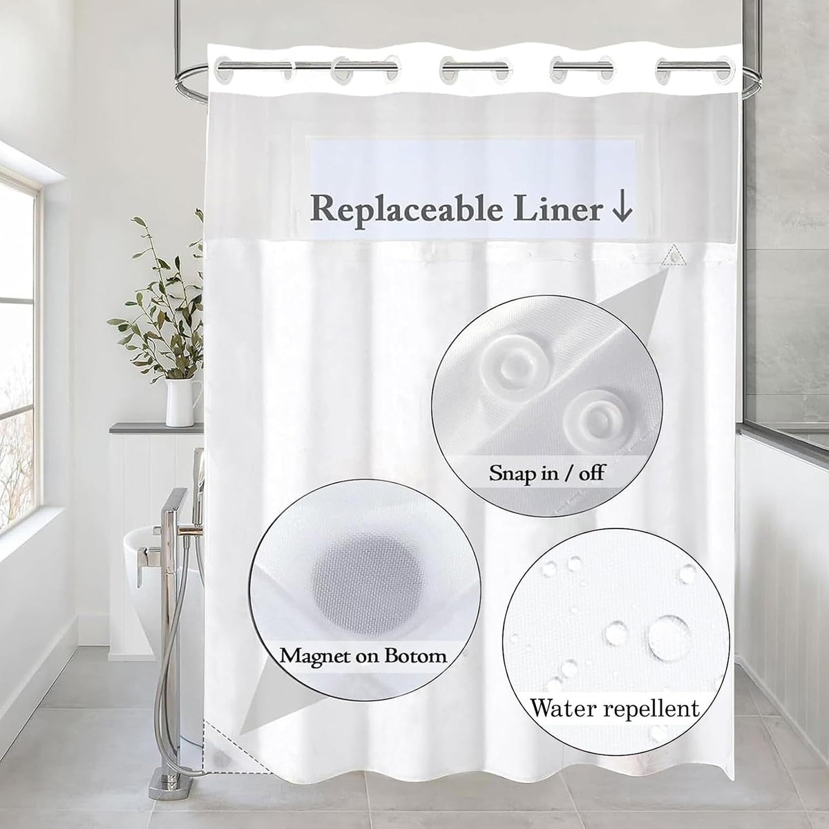 No Hook Shower Curtain with Snap in Liner Pink and White Striped Shower Curtain for Bathroom Vertical Stripe Geometric Bathroom Curtains Shower Set, 72x74 inches Shower Curtains and Liner Set