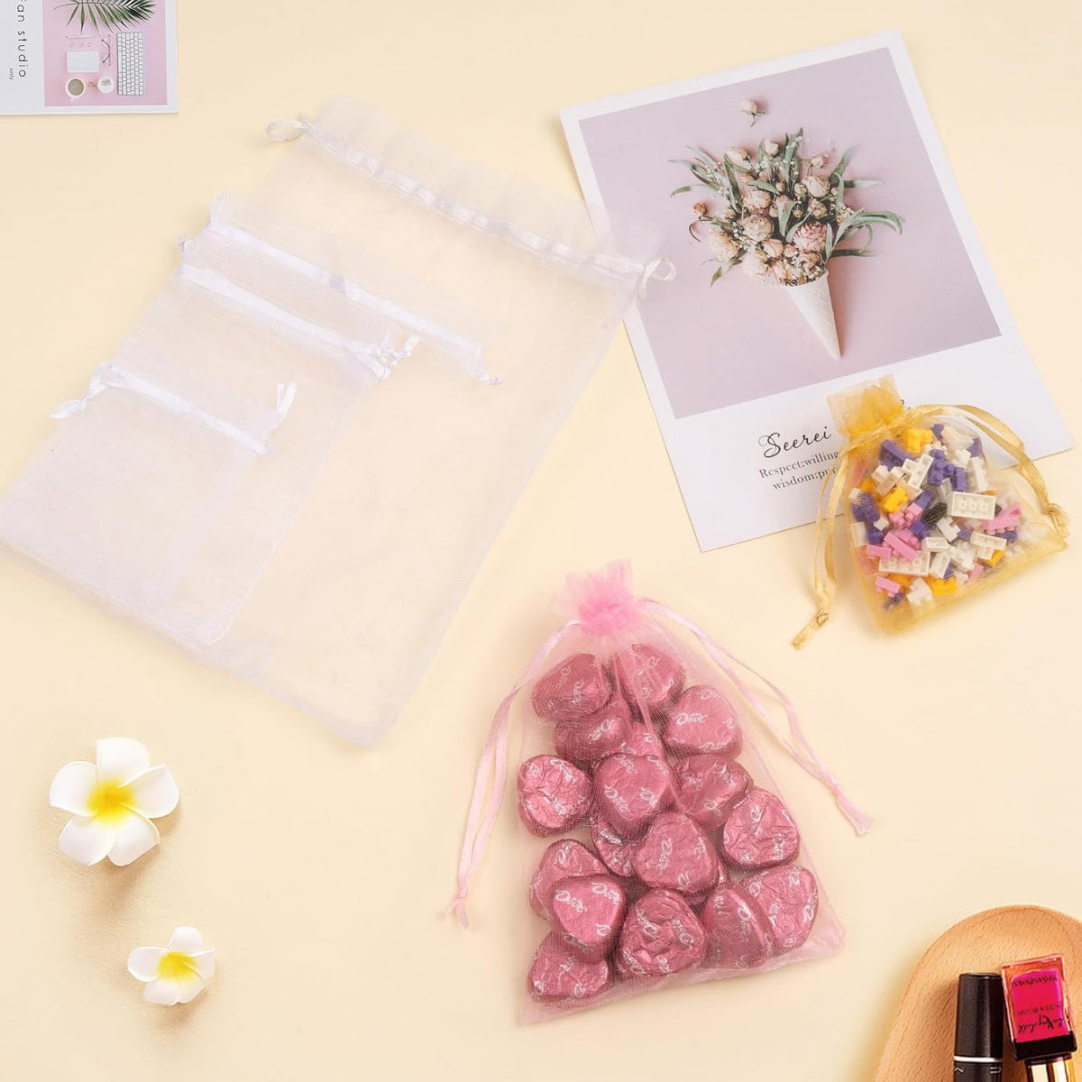 50PCS Pink Organza Bags 4x6, Small Gift Bags Cute Drawstring Mesh Pouches Mini Goody Baggies for Women Jewelry Candy Sachet Goodie Birthday Wedding Baby Shower Party Favors Halloween