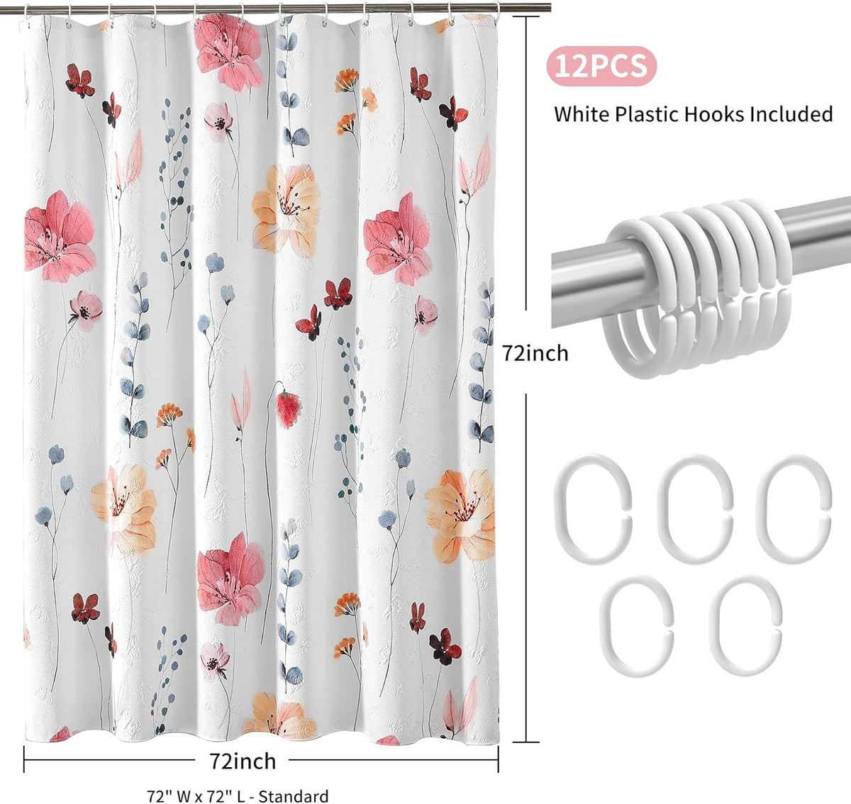 Floral Shower Curtain with Hooks, 3D Embossed, 72 x 72, Blue Yellow