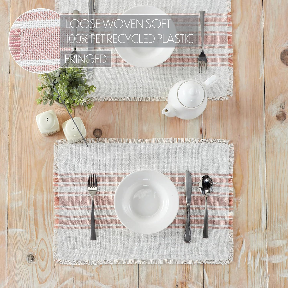 Antique White Stripe Farmhouse 13"x19" Placemat Set of 6 Pink Recycled Plastic (PET) Striped Water-Resistant Rect Kitchen Table Decor, 12 Pack