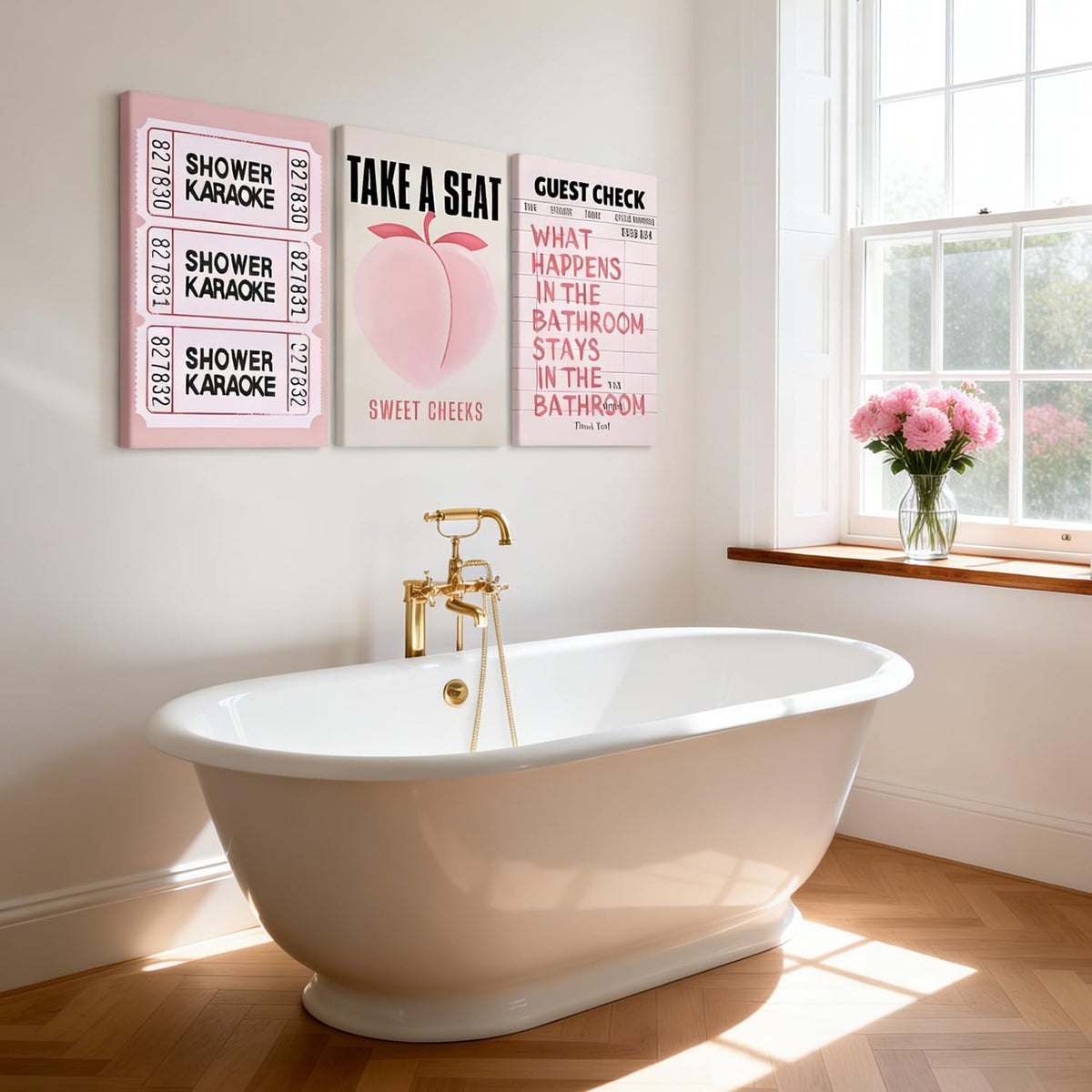 3Pcs Fun Pink Peach Trendy Bathroom Canvas Wall Art 12x16Inch Frame