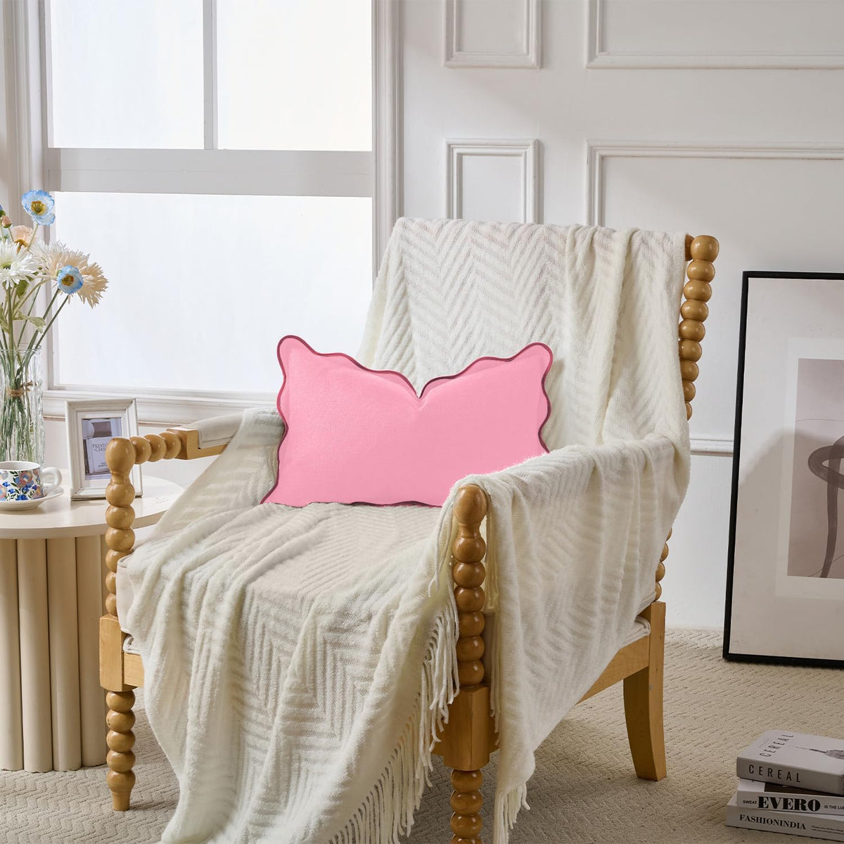 Scalloped Throw Pillow Covers | Decorative Couch Pillows | Boho Sytle for Living Room | for Valentines Day (Pink, 12x20 Inch)