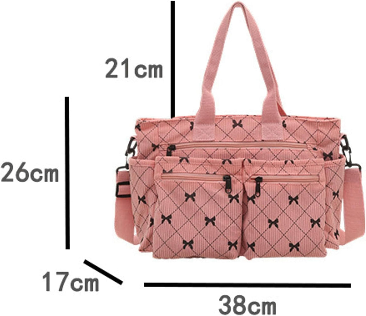Corduroy Tote Handbag Women Multi-pocket Bow Print Shoulder Crossbody Bag Commuter Daily Bag