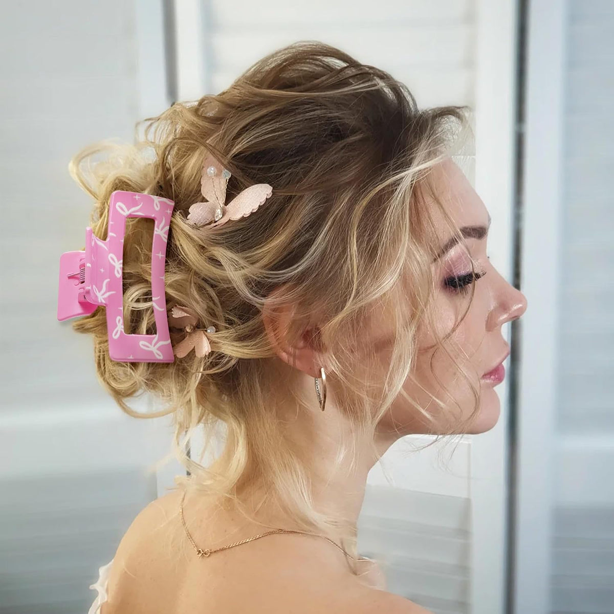4Pcs Coquette Pink Bow Hair Claw Clips for Women Girls - Cute Bow Preppy Trendy Rectangle Nonslip Banana Hair Clips, Thin Thick Short Long Curly Accessories, Birthday Bachelorette Wedding Gift