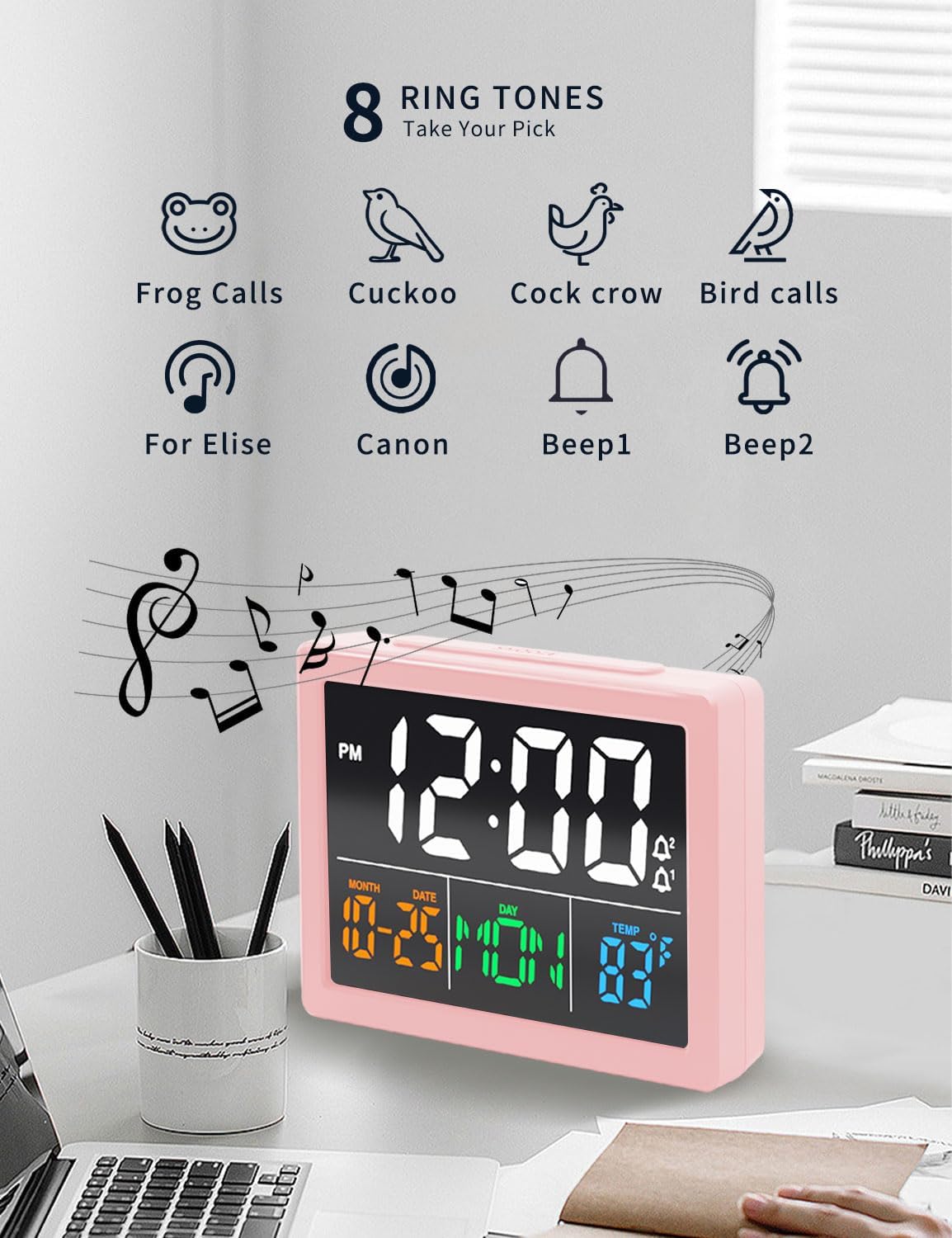 Digital Clock with Date Day for Seniors, Electric Alarm Clocks for Bedrooms with Temperature, 2 Alarms, Dimmer, Dual USB Charger, Battery Backup, Volume Control, Snooze, Bedside Desk Clock, Pink