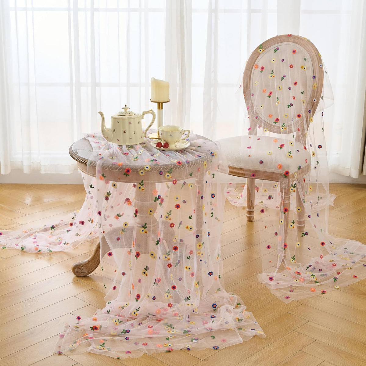 6PCS Pink Floral Table Runner 10 FT, Embroidery Daisy Table Runners Seasonal Spring Summer Sheer Tulle Dining Table Decor for Home Party Birthday Decor 29x120 Inch