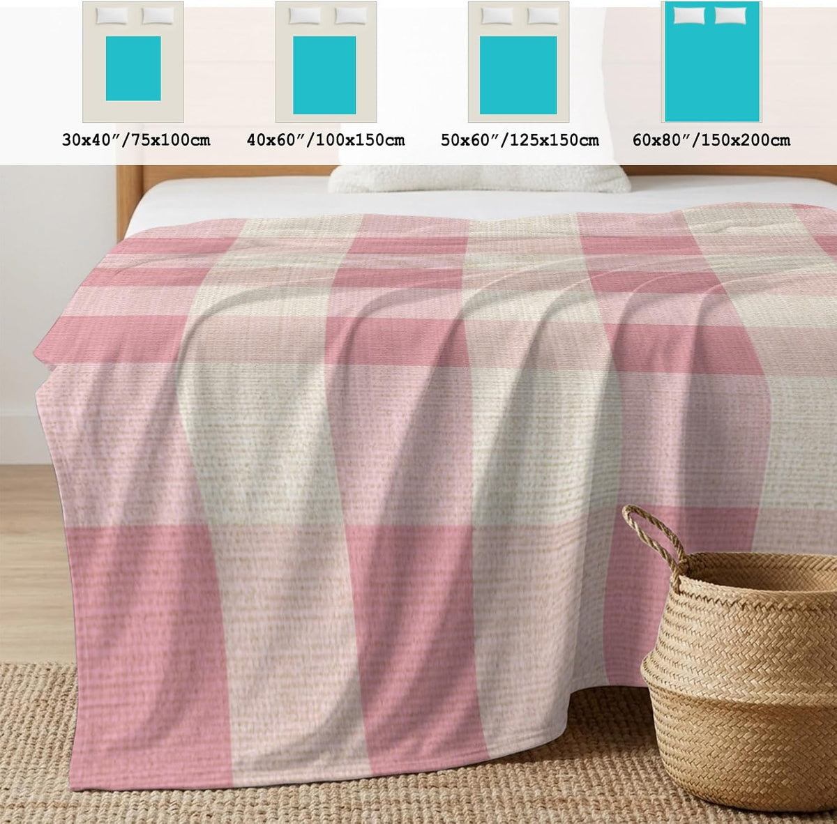 Cooling Blanket 40"x60", Pastoral Pink Gingham Check Summer Cooling Blanket Breathable Lightweight Ice Blankets Vintage Linen Texture Blankets for Night Sweats
