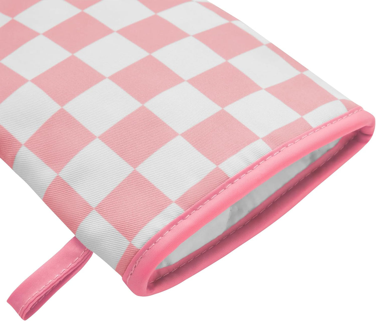 Pink Checkered Mini Oven Mitts Heat Resistant, Vintage Retro Checkerboard Mini Silicone Oven Mitts Cute, Non-Slip Small Short Kitchen Oven Gloves Set of 2