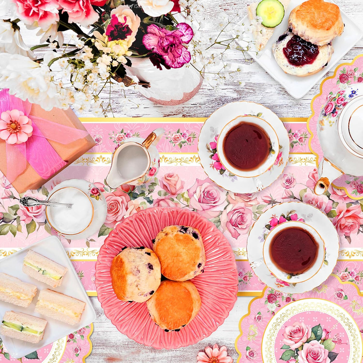 6Pcs Pink Flower Table Runner Tea Party Decorations Disposable Plastic Table Runner for Summer Spring Birthday Wedding Holiday Kitchen Decoration,108x14In(Pink)