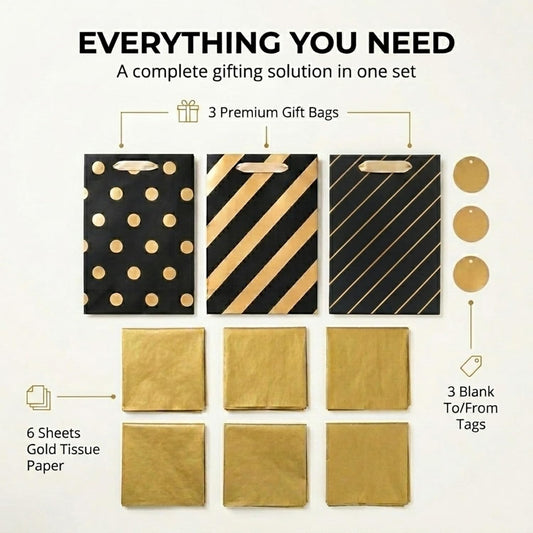MilkToast Brands 3 Pack Medium Gift Bags Set – Black & Gold Designs (Polka Dot, Stripes) with Tissue Paper & To/From Tags – Premium Birthday, Holiday Gift Wrapping Bags (Black)