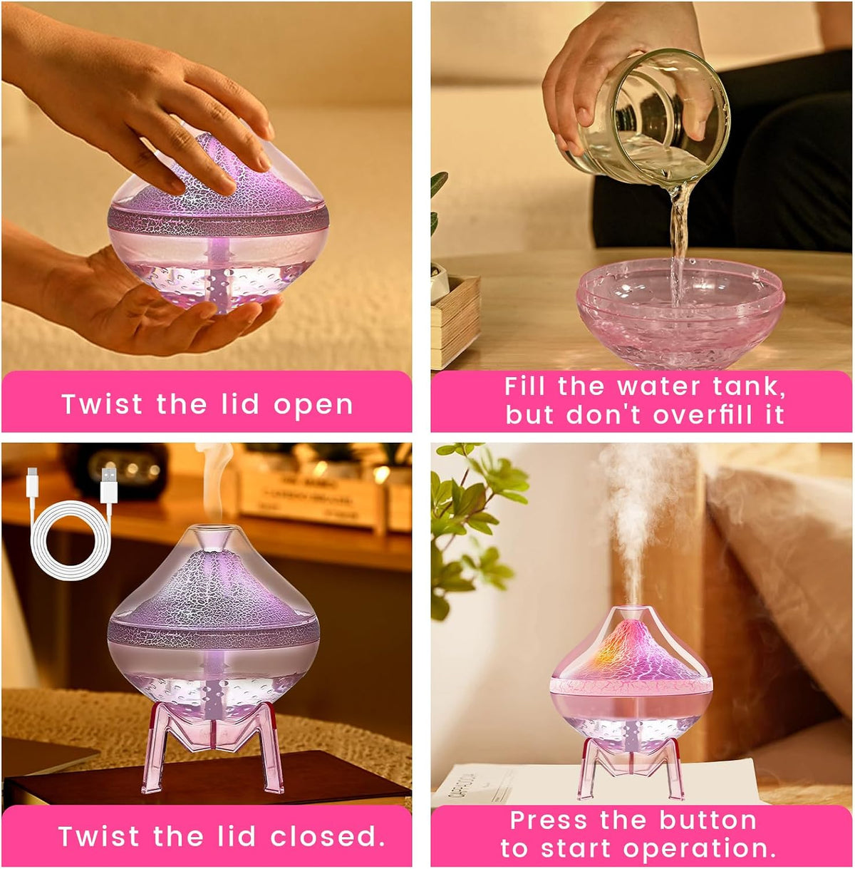 Humidifiers for Bedroom Cool Mist Ultrasonic Small Humidifier with Humidity Sensor Auto Shut Off LED Colorful Gradient Light Mini Humidifier For Plants,Bedroom,Baby Room,Office, Home(Pink)