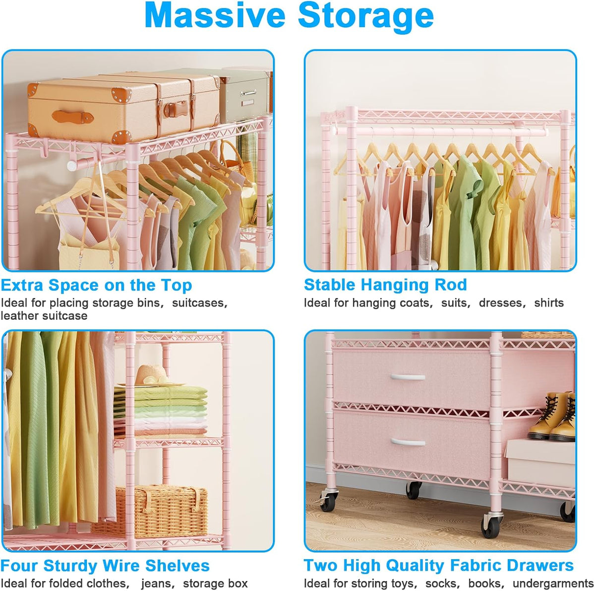 F3R Heavy Duty Clothes Rack(With Lockable Wheels)Freestanding Clothing Racks for Hanging Clothes,Adjustable Closet Organizer System,Portable Garment Rack 40"W x 15"D x 74"H,Max Load 700LBS,Pink