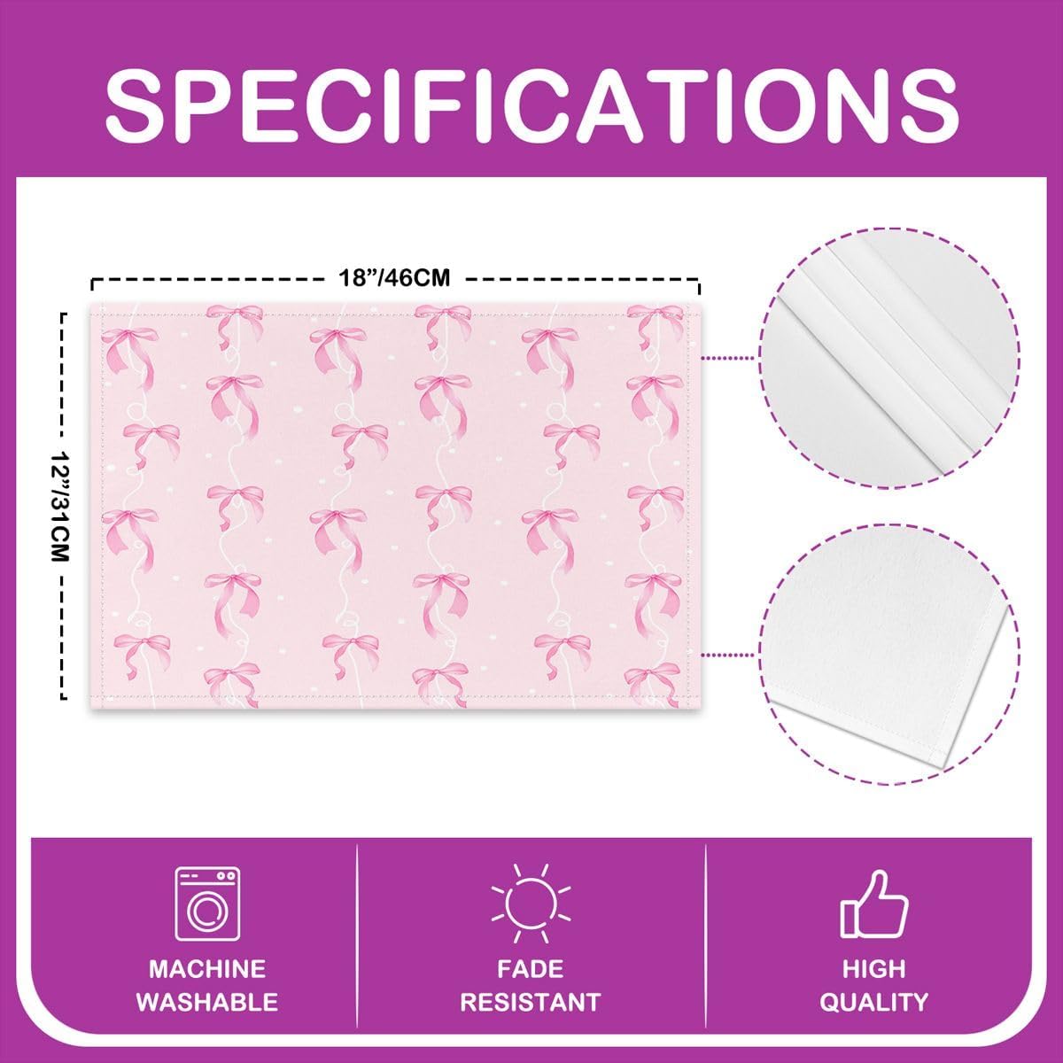 Girls Pink Bow Placemats Set of 4 Girly Cute Bowknot Table Mats Dreamy Princess Style Bow Place Mat for Kitchen Dining Table Party Decor Indoor Outdoor 18"x12" Easy to Clean Kawaii Pink