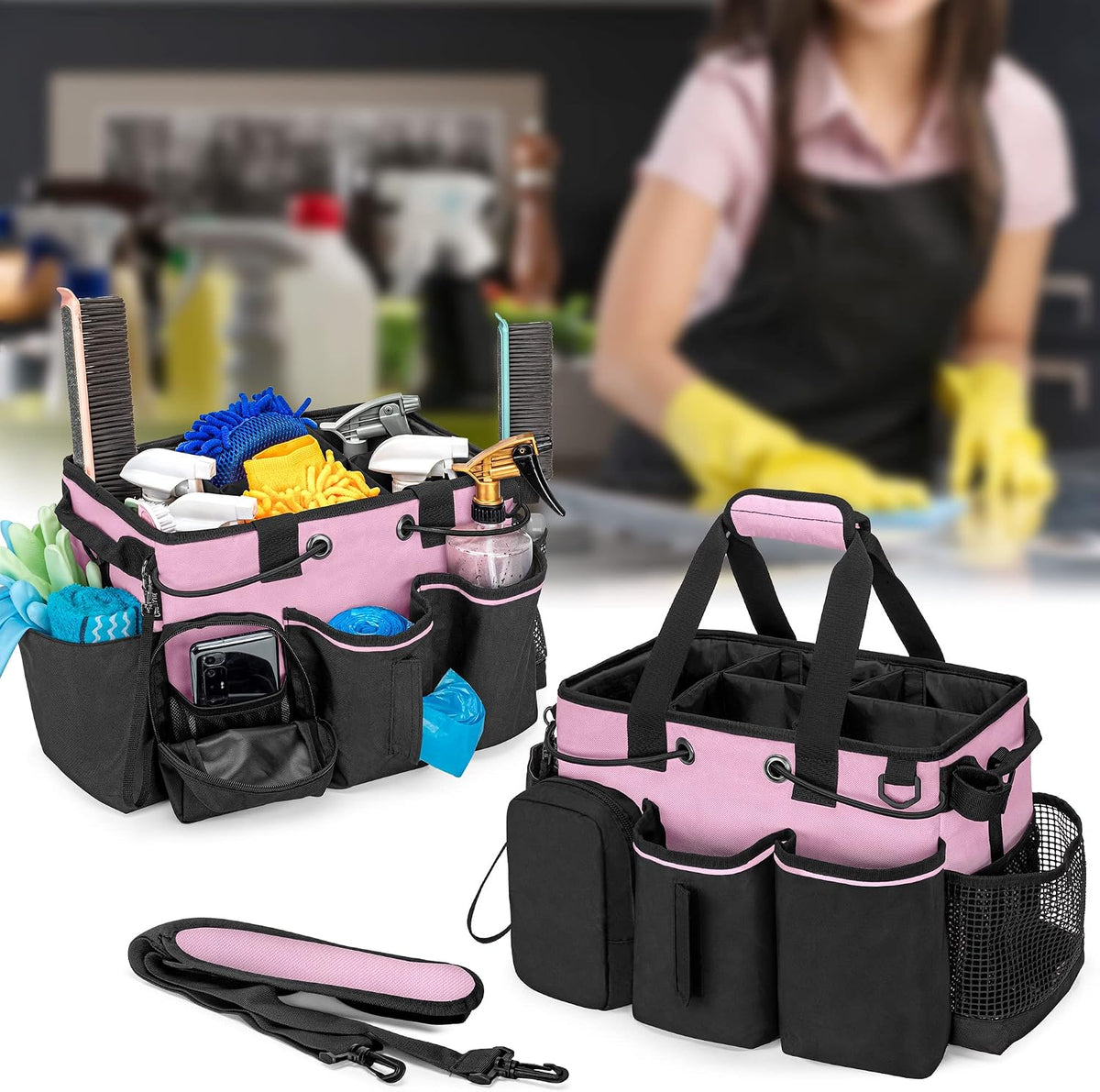 LoDrid Large Professional Cleaning Caddy with Detachable Divider, Pink
