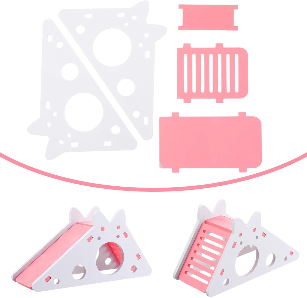 Hamster House with Ladder and Slide, Wooden Hamster Play Toys Hideout Hut Gerbil Rat Hideaway Small Animal Activity Toy DIY Hamsters Cage Accessories for Small Pets(Pink)