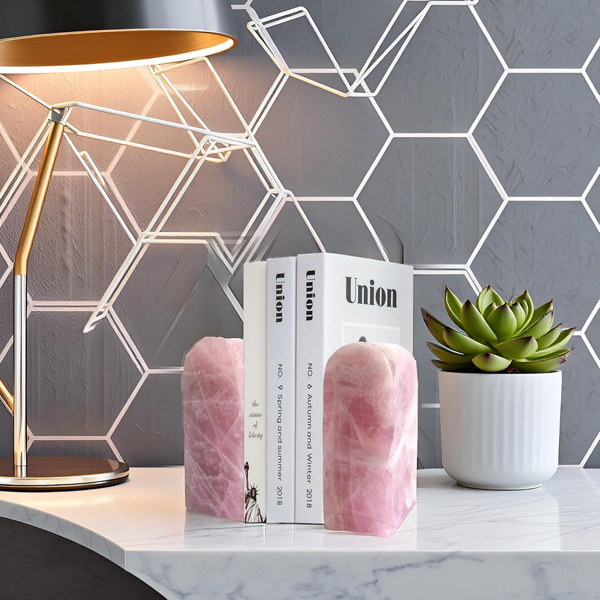 Natural Rose Quartz Bookends 3.5-4 lbs Pink Crystal Stone Decorative Bookends with Non-Slip Bumpers for Home and Office Decor