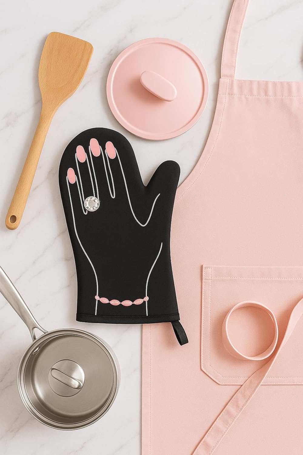Neoprene Heat-Resistant Oven Mitts – Set of 2 Stylish Kitchen Gloves for Baking & Cooking (13.2” x 7.9”, Pink Horses Bracelet Design)