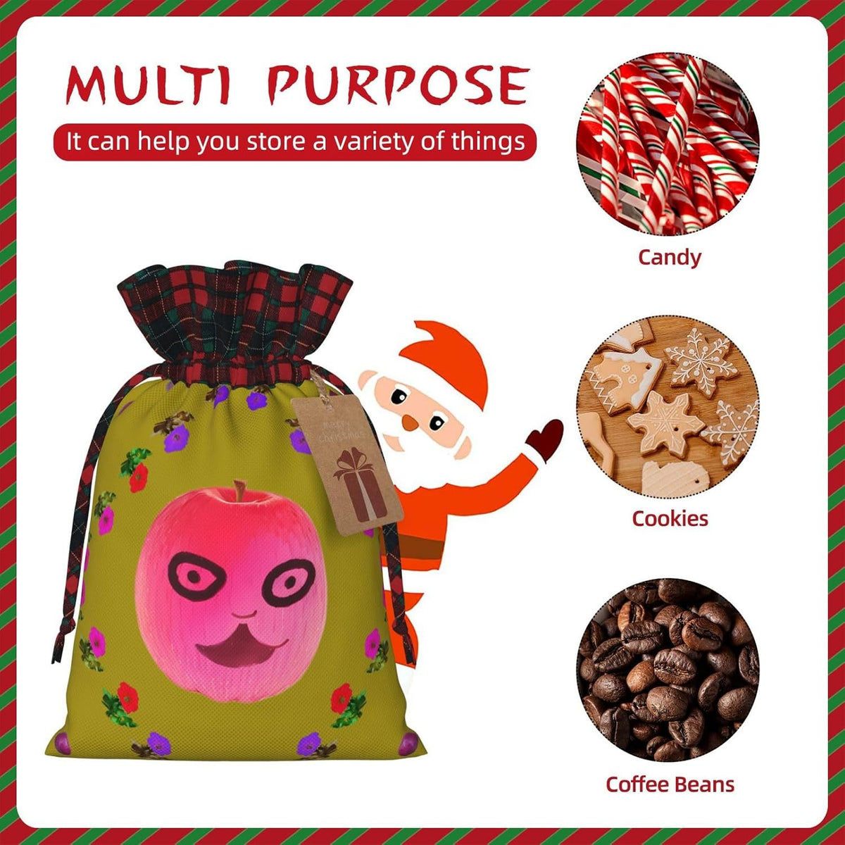 Funny Face Peach Print Christmas Gift Bag – Reusable Xmas Holiday Pouches with Drawstring, Anniversaries & Party Favors