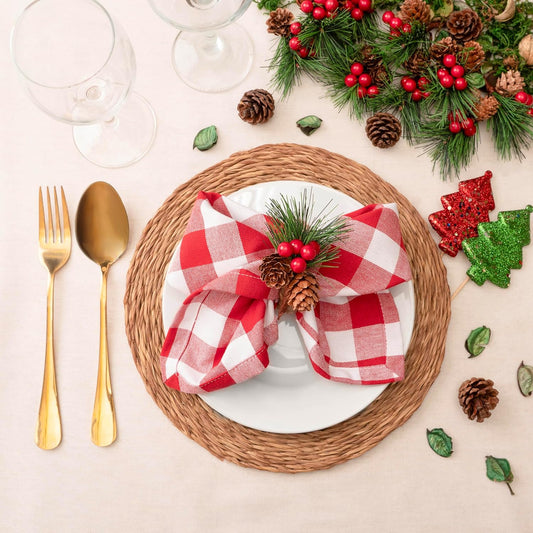 Blue Needles Gingham Buffalo Plaid Cloth Napkins 100% Cotton Set of 12 Dinner Table Napkins 18x18 inch Soft, Reusable, Washable Perfect for Spring Summer Easter & Everyday Use - Red & White