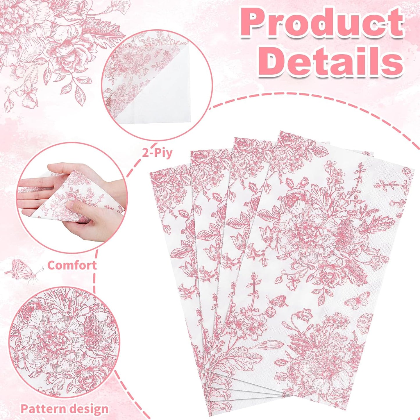 100 Pcs Pink Floral Napkins, Disposable Decorative Bathroom Napkin Pink Toile Guest Dinner Napkin for Wedding, Bridal Baby Shower, Tea Party